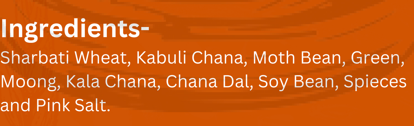 Ingredients list for Cold Milled High Protein Atta: Sharbati wheat, chickpeas, moth beans, spices, and pink salt.